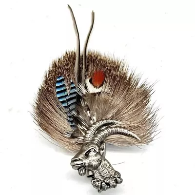 Hat Pin Elk Hair Feather Metal Goat German Lapel Brooch • $40