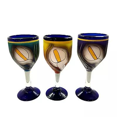 Set Of 3 Mexican Hand Painted Cobalt Blue Calla Lily Water Goblets Wine Glasses • $33.29