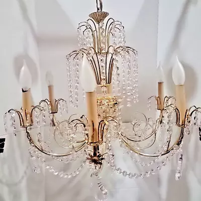 Vintage Gold Chandelier Waterfall Top 6 Arms Crystal Prisms Drops Pendeloques • $225