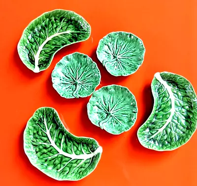 Vintage MF Portugal Bordallo Cabbage Leaf Green Crescent Plates 7  Small Bowls • $35