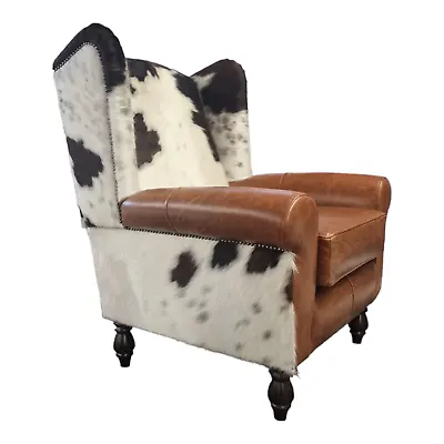 Stunning Wing Back Queen Anne Chair - Brown Genuine Cow Hide & Leather Chair • £999
