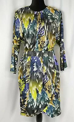 Matthew Williamson Dress Size 10 Silk Italy Colorful Feathers Long Sleeve Cinch • £224.75