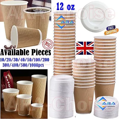 12 Oz Disposable Coffee Cups Ripple Paper Cups For Hot & Cold Drink 10/50/100x • £5.25