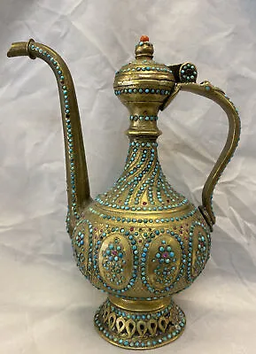 Antique Islamic Bronze Qajar/uzbek Dallah Or Ewer Coral Turquoiseruby • $3500