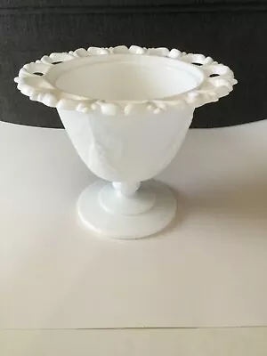 VTG White Milk Glass Footed Pedestal Candy Bowl Dish Compote Grapes Lace Edge • $14.99