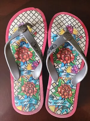 ED HARDY FLIP FLOPS WOMENS SIZE 5/6 VINTAGE 2000s Y2K ROSE SWORD PATTERN • $15