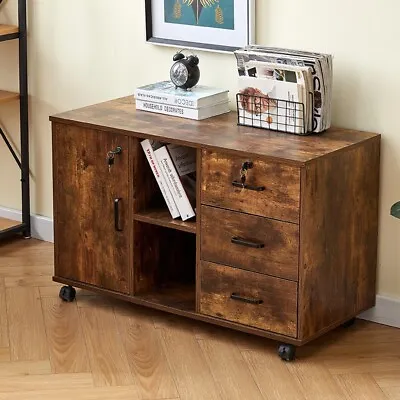 Brown Wood Office Storage Cabinet File Sideboard With Shelf Drawers Lock Rolling • £69.99