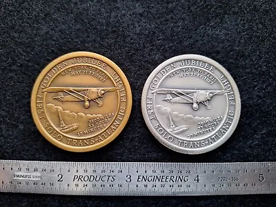 Lindbergh Trans-Atlantic Flight Golden Jubilee Medals - Silver And Bronze - MACO • $45