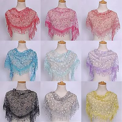  Women's Fashion Floral Lace Edge Triangle Summer Hollow Scarf Bandana Shawl • £4.49