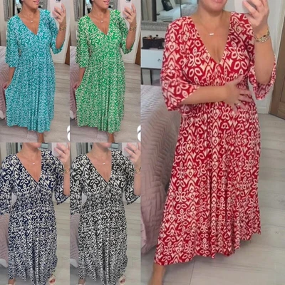 $38.34 • Buy Ladies Long Maxi Dress V Neck Summer Beach Sundress Women Loose 3/4 Sleeve
