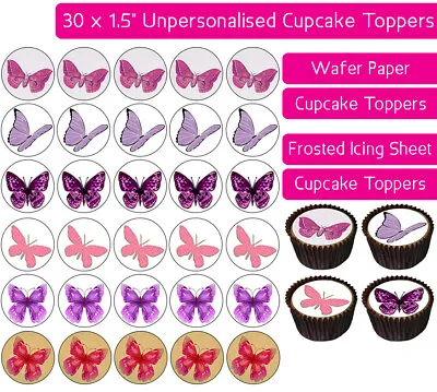 30 Butterflies Pink / Purple Edible Wafer & Icing Cupcakes Toppers Decor Party • £2.25