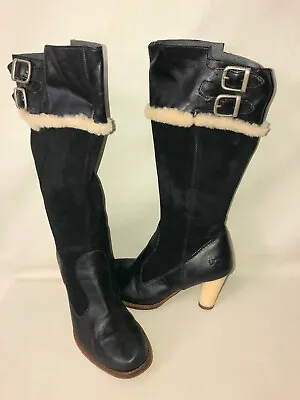 UGG Boots Raya 5598 Women's 7 Black Leather Suede Heeled Side Zip Tall Boots • $29.96