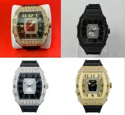 Men Iced Watch Bling Rapper Simulate Diamond Rubber Band Luxury Silver Gold Red • $24.99