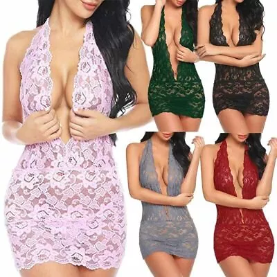 Women Sexy Lace Deep V Neck Halter Bodycon Dress Mini See Through Party Clubwear • $7.99