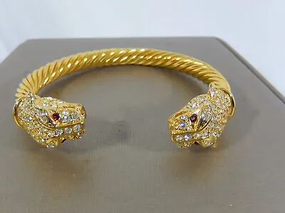 Vtg 2 Panther Head Crystal Rhinestone Gold Tone Cable Cuff Bracelet Signed Pci • $75