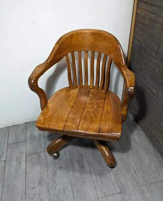 Vintage Mission Oak Wood Banker Swivel Rolling Office Arm Chair Gunlocke Style F • $360