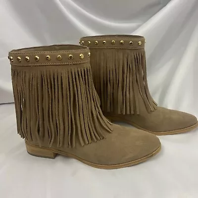 Michael Kors Women's Tan Brown Suede Fringe Gold Studded Flat Booties Size 8 • $66.99