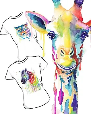 Rainbow Watercolour Giraffe Zebra Tiger Iron On T Shirt Transfer  Light Fabric • £2.25