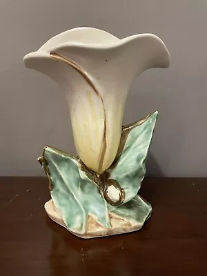 Vintage McCoy Art Pottery Single White Calla Lily Green Leaf 8  Vase 1940's USA • $50