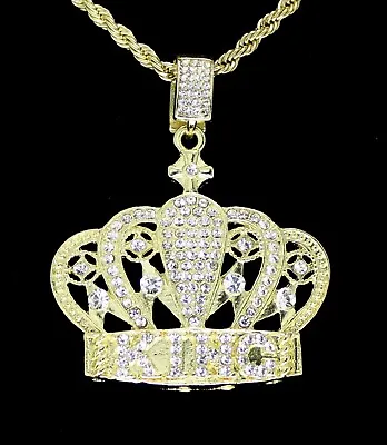 Mens Iced Crown CZ King Pendant 24  Rope Chain 14k Gold Plated Hip Hop Jewelry • $10.97