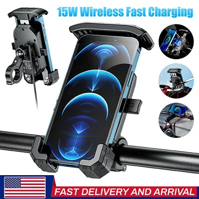 Motorcycle Handlebar 15W Wireless Charger Phone Holder USB Fast Charging Adapter • $35.98