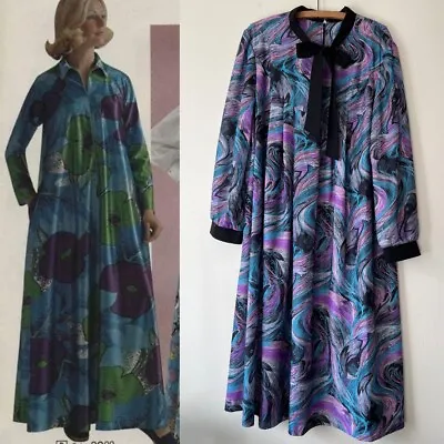 Vintage 70s House Dress Size L Muumuu Bow Feather Black Purple Duster • $50