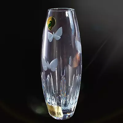 Waterford Crystal Butterfly Bud Vase Etched Signed 8in Original Sticker Slovenia • $115