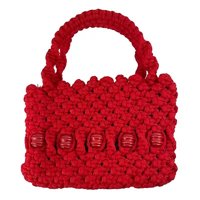 Red Macrame Vintage 70s Handmade Beaded Crochet Handbag Purse Boho Hippie Lined • $24.99