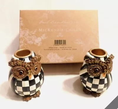 Mackenzie Childs Set Of 2 Courtly Check Owl Candlesticks New In Box Beautiful • $80