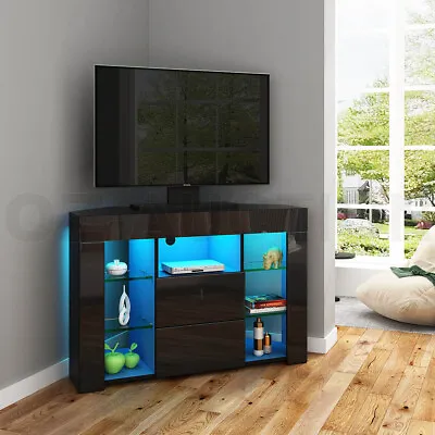 $185.95 • Buy Corner TV Unit Stand Cabinet LED Lighted High Gloss 2 Drawers Furniture Black