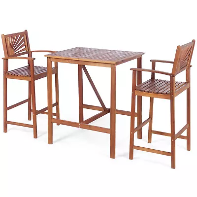 Costway 3PCS Bar Set Acacia Wood Bar Height Patio Bistro Dining Set Outdoor • $199.99