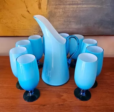 VTG Carlo Moretti Turquoise Blue Cased Handblown Glass Pitcher 10 Footed Goblets • $299