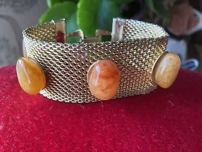 Vintage Goldtone Mesh Bracelet With Studded Orange Agate Stones • £18