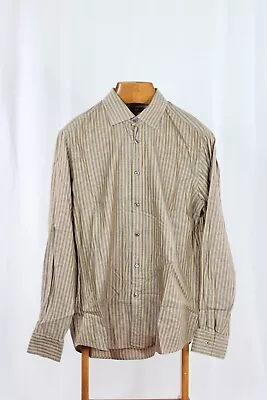 Men's HUGO BOSS Brown Striped Cotton Herringbone Button Down Shirt Size 43/ 17 • $35
