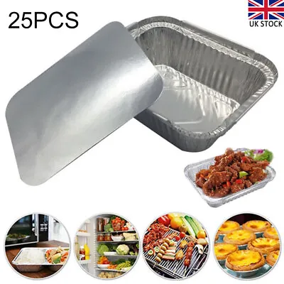 25pcs BBQ Meat Foil Trays Tin With Lid Home BBQ Party Food Fruit Cake Dishes UK • £12.35