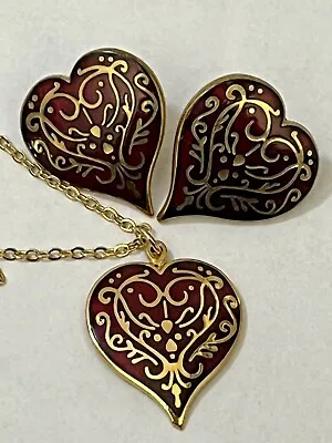 Vintage MMA Red Heart Jewelry SET 2 Pc Necklace Earrings Signed Valentine’s Day • $45