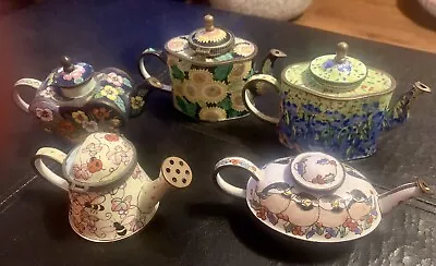 Five Kevin Chen Brass And Enamel Mini Teapots.  3 Marked 2 Unmarked Adorable. • $15