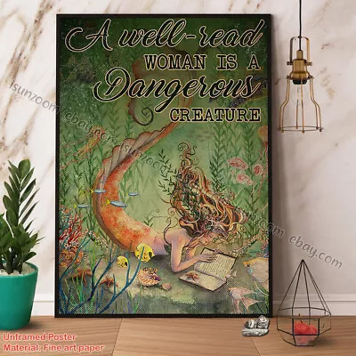 Mermaid Read Book A Well Read Woman Is A Dangerous Creature Vintage Paper Pos... • $15.42