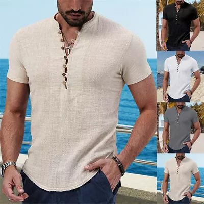 Mens Casual Short Sleeve Loose Blouse Cotton Linen Shirt Button Down Shirts Tops • $7.63