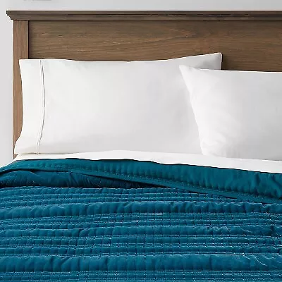 Full/Queen Lofty Velvet Quilt Dark Teal Blue - Threshold • $29.99