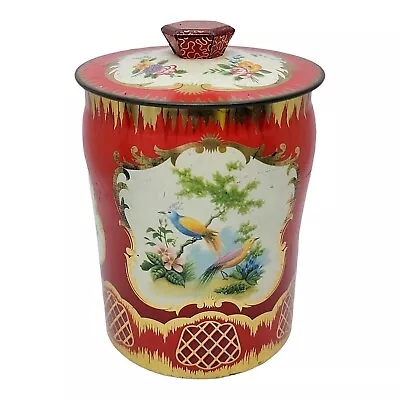 George Horner Tin Red Gold Birds Floral Durham England Metal Vintage 7  Flowers  • $14