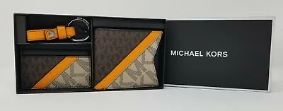 Michael Kors Colorblock Logo Brown/Mango Billfold Card Case Key Fob Box Gift Set • $128