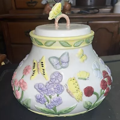 Butterflies And Garden Flowers Gibson Cookie Jar Crack Repaired On Lid Handle • $22