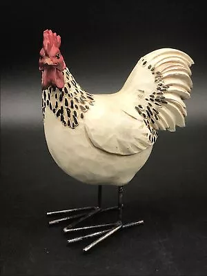 Wood White W/Black Dots Carved Rooster Chicken Hen Metal Feet Farmhouse Folk Art • $14.95