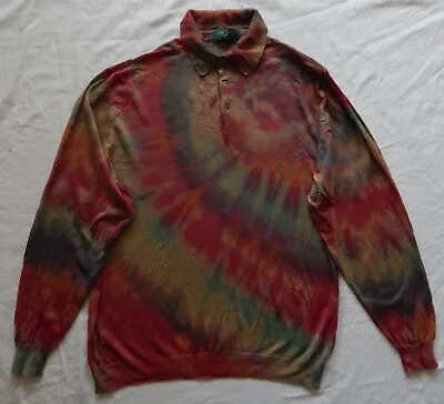 Wool Tie Dye Red Brown Polo Pullover Sweater - XL Mens Hand Made Collared • $34.99