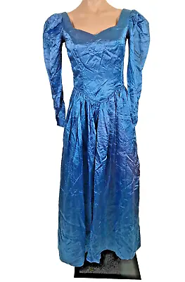 VTG 80s Prom Blue LS Puffy Sleeve Party M/L Bridesmaid Ruched Evening Dress Gown • $65