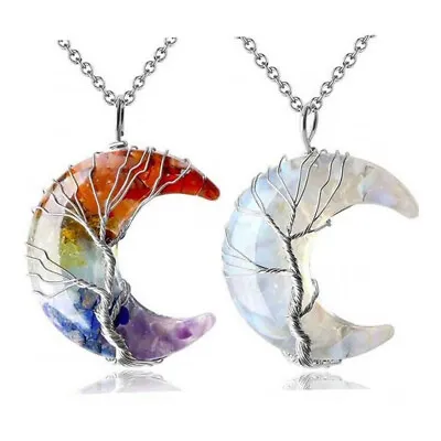 $4.32 • Buy Natural Chakra Healing Crystal Necklace Tree Of Life Crescent Moon Stone Pendant