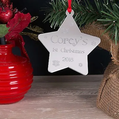 Personalised Christmas Tree Decoration Mirror Babys First Xmas Star Bauble Gift  • £3.95