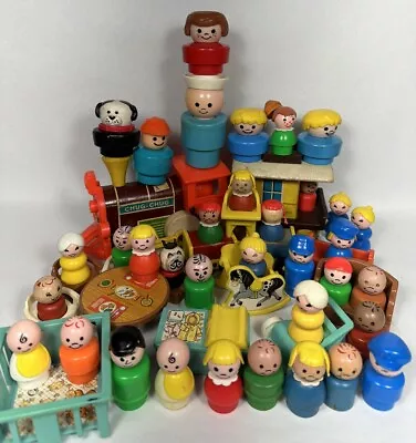Vintage Fisher Price Little People Train Furniture Wood/Plastic Lot AS IS • $79.49