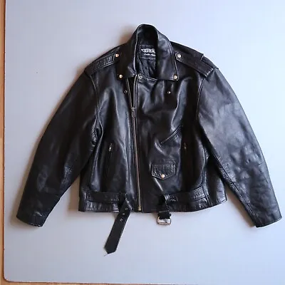 Vtg Leather Biker Motorcycle Jacket Mens 52 Black Punk Classic Unik Lined • $80